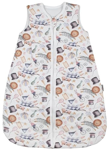 TupTam Schlafsack Baby 2.5 TOG – Atmungsaktiver Ganzjahresschlafsack für Kinder, OEKO-TEX zertifiziert, Farbe: Jahrmarkt Tiere Löwe Hase Pastellezeichnung, Größe: 68-74