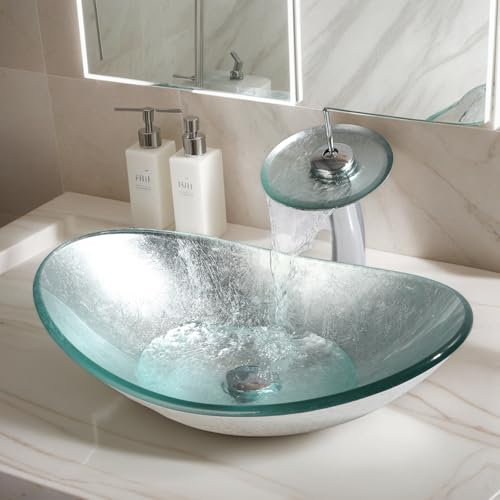 GLOBAOSALU Oval Glass Vessel Sink with Faucet and Pop-Up Drain 22x14 Inch Silver Tempered Glass Bathroom Washbasin Boat Shape Design Top Mount Bowl Sinks For Modern Bathrooms Vanities