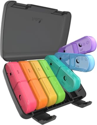 Fullicon Pill Box 7 Day 2 Times a Day – AM PM Weekly Pill Organiser, Travel Medication Organizer, Large Tablet Dispenser, Dosette Box for Pills & Vitamins (Black Rainbow)