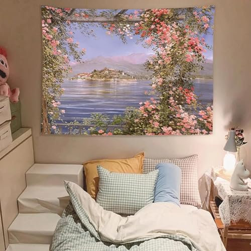 BMGKYAGL Wanddekoration für das Zimmer mit berühmtem Gemälde, Wandteppich, Wandbehang, mediterrane Rosenmalerei, Indie-Schlafzimmerdekoration für Teenager, 90 x 120 cm, rahmenlos