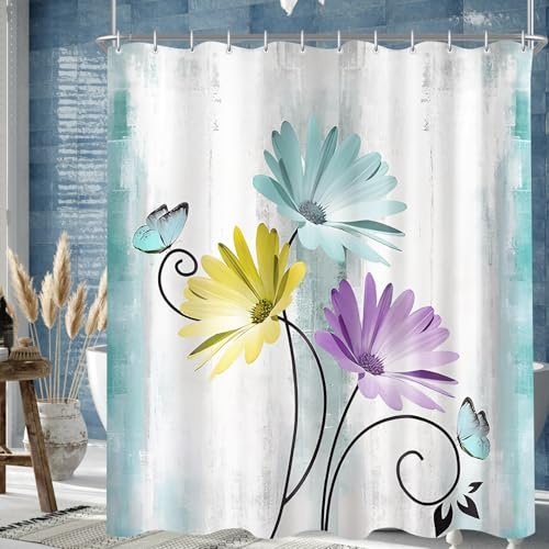 Rideau de douche, 180 x 200 cm, motif papillons, ourlet lesté, anti-moisissure, imperméable, lavable, en polyester, avec 12 œillets et anneaux de rideau de douche, pour salle de bain, baignoire