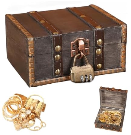 CAAGGMM Vintage Holz Schatztruhe, 15x7,5x12 cm Hölzerne Piratenbox mit Zahlenschloss, Schatztruhe mit Deckel, Vintage Mini Schatzkiste, für Geschenke, Dekoration und Präsentation, Braun