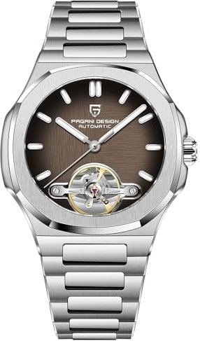 Pagani Design Herrenuhr, PD-YS025, Herren Automatik Armbanduhr, Skelett Tourbillon, mechanisches Uhrwerk, sportliches Saphirglas, Edelstahlarmband, 42 mm Gehäuse (PD-YS025Braun)