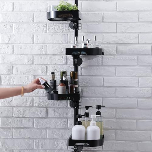 Shuang Qing Eck-Dusch-Caddy mit 4 Ebenen, Spannstange, verstellbar, rostfrei, Metall-Spannstange, Kunststoffregale mit Sicherheitsgeländer, Badezimmer-Aufbewahrung für Dusche und Badewanne (schwarz)