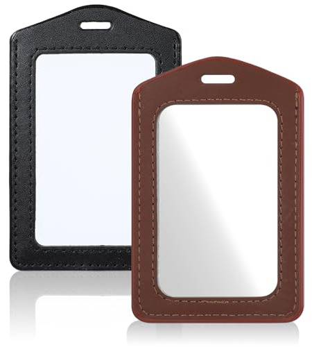 Mabor Lot de 2 porte-badges verticaux double face en cuir transparent imperméable pour employés de bureau, étudiants, Noir, marron., 4,33 x 2,8 x 0,16 Zoll, Moderne