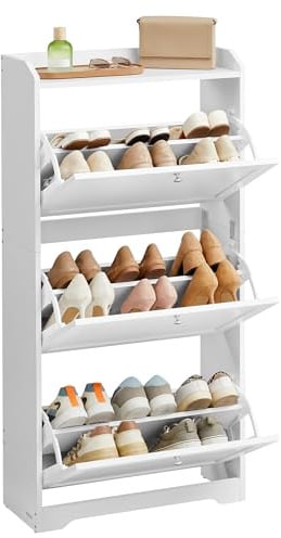 VASAGLE Schuhschrank, 3 Klappen, für 12-20 Paar Schuhe, 24 x 60 x 121,2 cm | Schuhkipper, Schuhregal, Schuhaufbewahrung, Oberplatte, Trennwand verstellbar, für Flur, wolkenweiß LBC036W01
