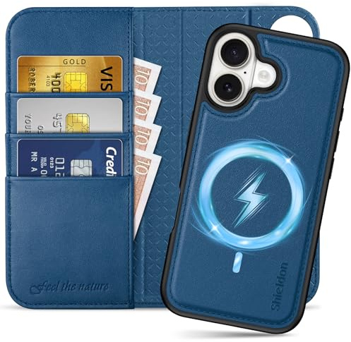 SHIELDON Genuine Leather Detachable Wallet Case for iPhone 17, Royal Blue | Magnetic Wireless Charging, Card Holder, RFID Blocking, Kickstand, Protective Flip Cover, Full Protection, Strap Holes