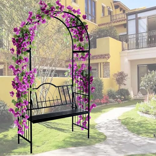 QYANPEN Garden arch with bench white Metal Garden Arbor with seat,Metal Trellis Arbor for Climbing Plants,210cm High x 114cm Wide,Black(Black)