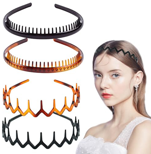 4Pcs Plastic Tooth Hair Comb Headband, Zig Zag Headbands, Comfort Wavy Toothed Hairband, Hard Headbands for Women Men Girls, 4 Styles