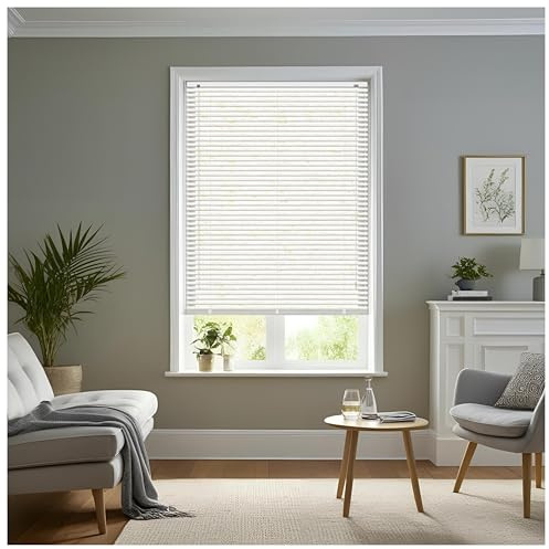 J.Din Made to Measure White Plain PVC Window Venetian Blinds 25mm Slats, Easy Fit Windows Treatment Shutters Child Safe Fittings Home Office Curtains 45W x 150H cm
