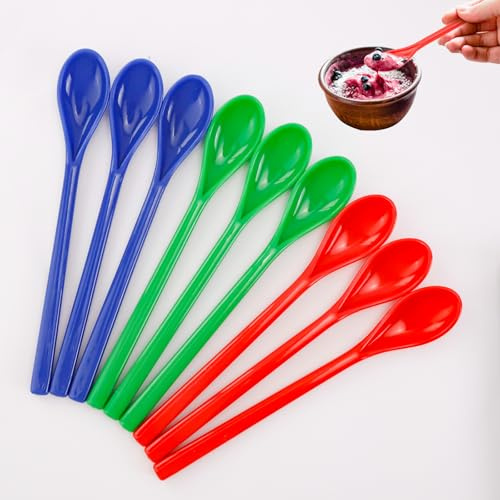 STNRST-IN 9 PCS Long Handle Plastic Spoons, 18cm Coloured Spoons Reusable | Lovely Long Handled Teaspoons, Ice Cream, Coffee Spoons, Suitable for Sundae Dessert Latte Glasses Espresso Soup Hot Drinks