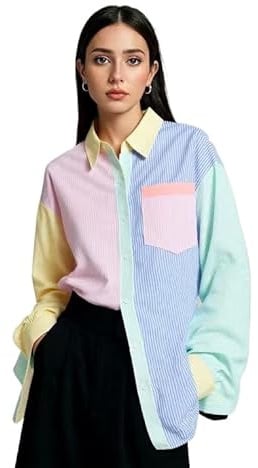 Chemise à rayures aux couleurs contrastées, chemisier surdimensionné, manches longues, polyester, bleu-jaune-rose, M-XL