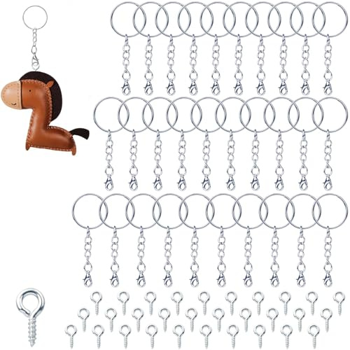 Keyring Rings,60 PCS Keyring Making Kit with Chain,30 Lobster Clasps,30 Screw Eye Pins,Key Chains for Craft,Bulk DIY Split Rings and Keychain Accessories for Crafting,Bag Charms and Jewellery Making