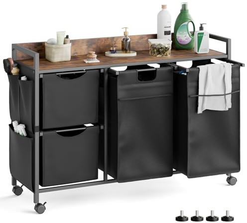 Mondeer Wäschekorb 4 Fächer, 150 L Wäschesammler mit Ablage, Wäschewagen mit Seitliche Taschen und herausnehmbare Wäschesäcke Für Waschküche Schlafzimmer Badezimmer, Vintagebraun-Schwarz