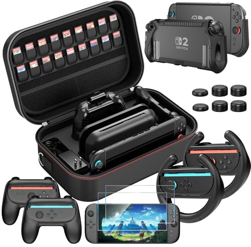 HEYSTOP [8 Stück] Tasche für Nintendo Switch 2 Zubehör-Bundle mit Dockable-Switch 2 Schutzhülle, Switch 2 Panzerfolie, Switch 2 Lenkräder und Joycon Griff Hülle für Nintendo Switch 2 Controller