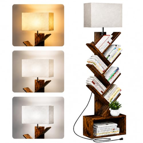 FROIDEXG Libreria ad Albero a 6 Ripiani con Lampada da Terra, Lampadina LED E27 da 12 W e 3 Temperature di Colore, Scaffale Angolare Salvaspazio con Vano per Soggiorno, Camera, Studio e Piccoli Spazi