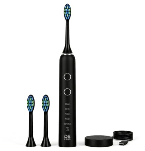 DE LABS Sonic Electric Toothbrush for Adults – 40,000 Vibrations/Min, 5 Cleaning Modes, 30-Day Battery Life, USB Rechargeable, IPX7 Waterproof, with 2 Brush Heads – by INNOVATEXLABS LTD (Black)