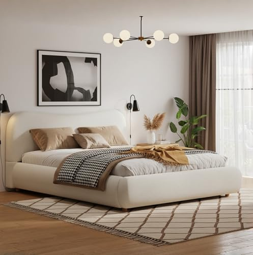 Su & Chan Legence 4ft6 Upholstered Ottoman Bed Frame with Storage, Double Bed with Curved Shaped Headboard, Boucle Bed Frame, White, 135x190cm