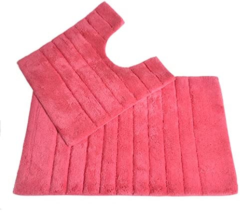 Allure Ribbed Design 2 Piece Bath and Pedestal Toilet Mat Set, 100% Cotton (Hot Pink)