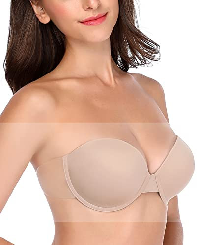 HANSCA Women’s Backless Strapless Push Up Bra Thick Padded Sticky Underwired Bras Self Adhesive, Nude, D
