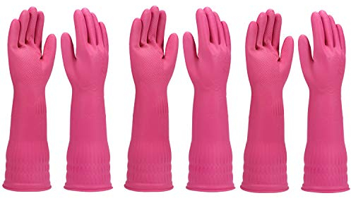 YSLON Rubber Dishwashing Glove Kitchen Cleaning Gloves 3-Pairs,Waterproof Reuseable.(Pink,Large)