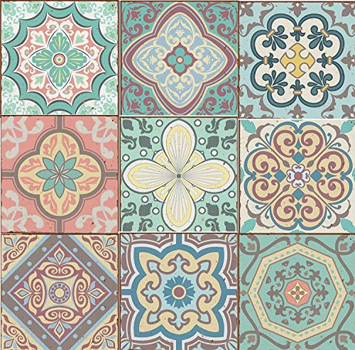 Pack of 9 Mixed Pastel pink Victorian Moroccan retro traditional tile transfers stickers stick on wall self adhesive wall art decor - Bathroom backsplash kitchen floral tile peel stick 15x15cm