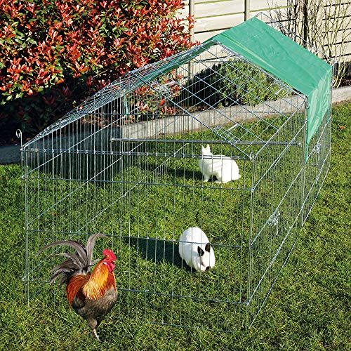 Zooprinz Mobiles Außengehege mit Satteldach und Sonnenschutz - ideal für Hüh-ner und Kaninchen im Garten - Wetterfestes stabiles Metall - Platzsparend vers-taubar - 3 Größen zur Wahl