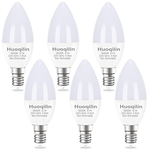 Huoqilin E14 Led Cool White Small Screw Light Bulbs,60 Watts Equivalent, 6W SES Candle Bulb,5000K, 6 Pack