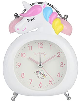 SWECOMZE Einhorn-Wecker für Mädchen und Kinder, niedliche Schlafzimmerdekoration, kein Ticken, geräuschloser Sekundenzeiger, mit Hintergrundbeleuchtung, super laute Doppelglocke, für Kinder (Weiß)
