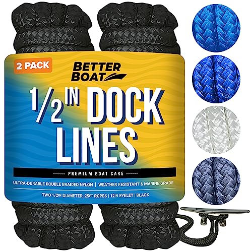 Boat Dock Lines, 1/2 Inch Braided Nylon Rope, 25 ft Mooring Marine Docking Lines with Loop, Black, 2 Pack
