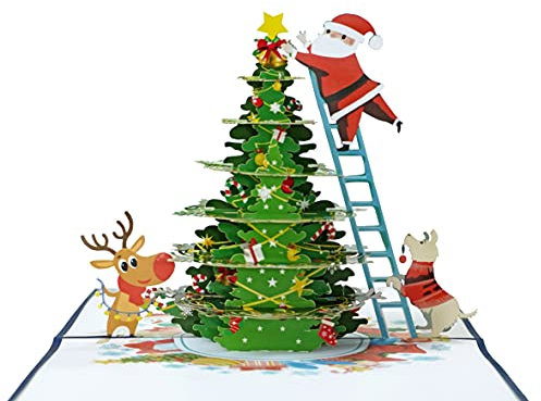 Santa Claus decorating Christmas Tree 3D Pop Up card.A Delightful holiday surprise greeting card gift for kids, friends, family and loved ones. For Christmas decor and parties.15cmx15cm