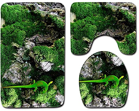 Badematten Set 3 teilig,Toilettenmatte Set,3er Badgarnitur Badezimmer Matte Set Dusch Bade Matte Vorleger Teppich 3D Grüne Eidechse für Wohnzimmer,Schlafzimmer,Schwimmbad Toilet