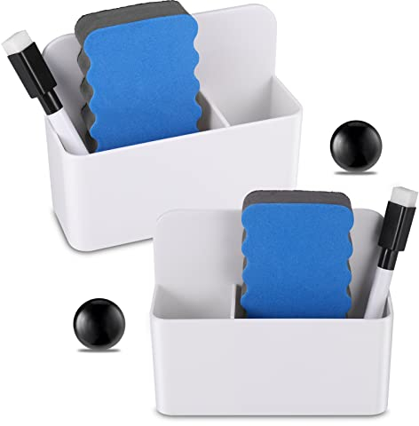 Zocipro 2 Stück Magnetischer Stiftehalter, Whiteboard Stifthalter,mit 2 Marker Stifte 2 Whiteboardschwamm 2 Whiteboard Magnete,Efür Whiteboard, Kühlschrank, Schließfach, Büro(Weiß)