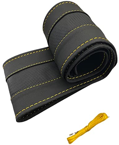 LB116 - Lenkradbezug 37-39 cm zum Schnüren Schwarz gelochte Leder mit Gelbe Naht