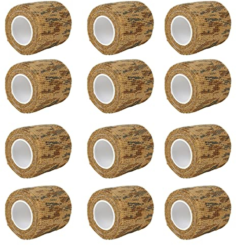 Larcele 12 Rollen Camouflage Band, Elastische Selbstklebende Klebebinde Camo Wrap-Verband für Camping Jagd, 5CMx4.5M, ZZTXBD-05 MEHRWEG (Wüsten Tarnung)
