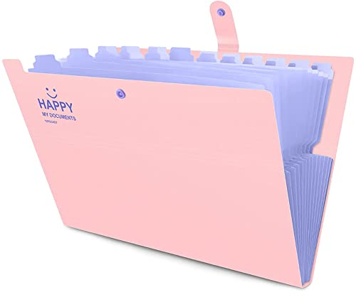 Dokumentenmappe, A4 Ordnungsmappe, Fächern Ordner, Hohe Kapazität, Erweiterbar, Leicht zu Tragen, mit Druckknopf und 12 Fächer, für Zuhause oder Büro Dokumente Papiere (Rosa)