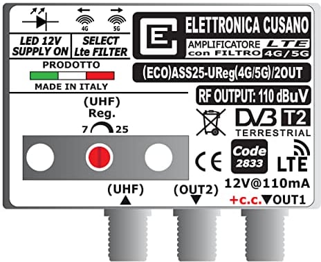 (ECO) ASS25-UReg(4G/5G)/2OUT - Amplificatore Antenna TV con Filtro LTE 4G e 5G (Selezionabile), Amplificatore Antenna da Palo, 1 Ingresso UHF, Gain 25dB, Amplificatore Antenna 2 Uscite, Made in Italy
