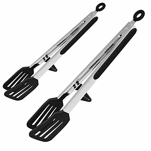 Kitchen Tongs Set Silicone Cooking Tongs Non-Stick Basic Food Tong Stainless Steel Bread Tong with Resting Gadget Suitable for Steak, Baking, Frying, Serving, BBQ, Salad - 9inch + 12inch ( Black )