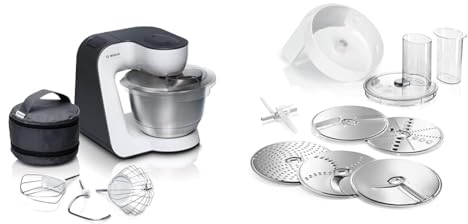 Bosch MUM54A00 Küchenmaschine Express Programm & Bosch Zubehör-Set VeggieLove MUZ5VL1, Durchlaufschnitzler inklusive 5 Scheiben für MUM5 und MUM Serie 2