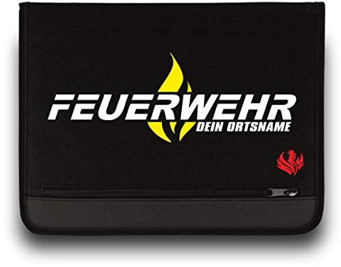 Feuerwehr Schreibmappe / FW Flamme +Ortsname / Neongelb-Weiss / Roter Hahn 112 / Einsatzorganizer auch für THW Rettungsdienst Notarzt