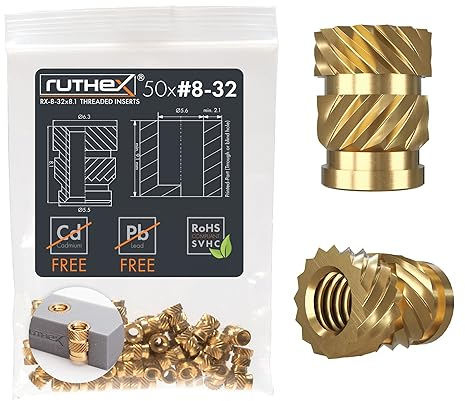 ruthex Gewindeeinsatz #8-32 UNC - 50 Stk. RX-8-32x8.1 BLEIFREIE Gewindebuchse aus Messing - stabile Einschmelzgewinde/Einpressmutter - Einschmelzen von Gewindehülse in 3D-Druck-Teile aus Kunststoff