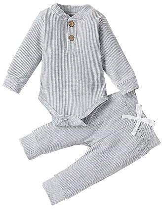 Geagodelia Completo Neonato 2 Pezzi Tutina Maniche Lunghe a Righe+ Pantaloni Lunghi Tuta Neonati Casual Pigiama Tinta Unita Autunno Primavera (Grigio, 6-12 Months)