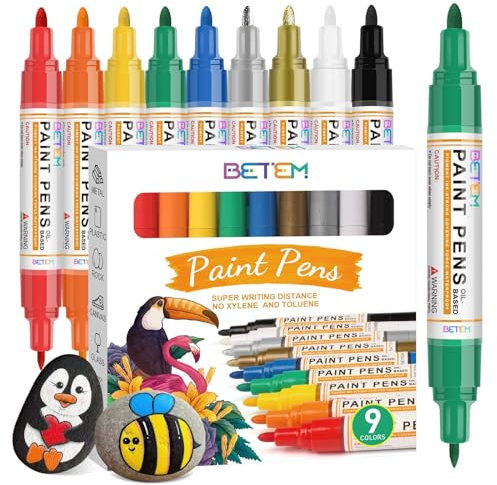 Betem Dual Tip Oil Based 9 Colors Paint Markers Paint Pens(0.7mm & 3mm), Permanent Paint Marker Pen, Waterproof, Quick Dry, for Fabric, Rock Painting, Wood, Plastic, Metal, Canvas