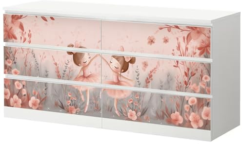 Sunnywall® Möbelfolie passend für IKEA Malm Kommode Schrankfolie Aufkleber mit Ballerina Floral Motiv | blasenfrei verkleben | Kinderzimmer 6er 160 cm