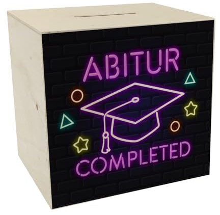 Doktorhut in Neonschrift Spardose aus Holz mit Spruch Abitur Completed Gaming-Upgrade nach Schule Abschluss Zocken auch für Gäste vor dem Fernseher