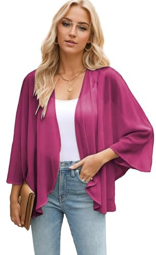 Famulily Cardigan kimono en mousseline de soie pour femme, haut habillé d'été ample ouvert sur le devant pour femme, rose vif, UK7 / 41EU / US8