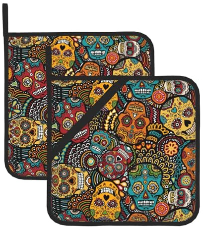 Wurton Topflappen im Zucker- und Totenkopf-Design, hitzebeständig, 20,3 x 20,3 cm, 20,3 x 20,3 cm, 2 Stück