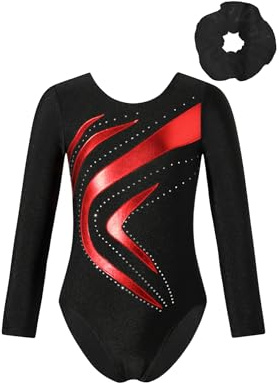 iiniim Mädchen Turnanzug Langarm Gymnastikanzug mit Haarband Glänzend Ballettanzug Ballett Trikot Leotard Turnen Wettbewerb Tanzkostüm Rot 134-140