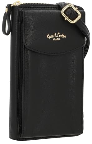 Gusti Umhängetasche Leder- Silvia Damen Handytasche Ledertasche Schultertasche Schwarz Leder