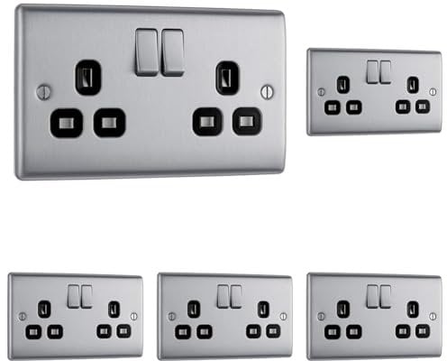 BG Electrical NBS22B-01 Double Switched Power Socket, Brushed Steel with Black Inserts, 13 Amp, 3.0 cm*14.65 cm*8.6 cm (Pack of 5)
